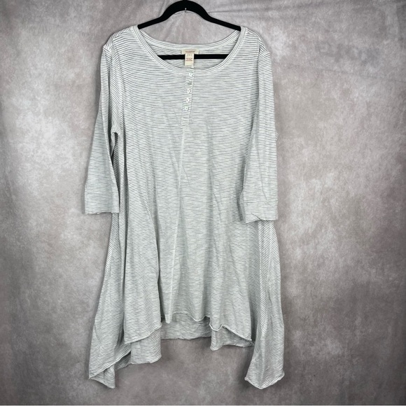 Sundance Striped Asymmetric Hem Henley Shirt Dress In White Size L - Picture 1 of 7